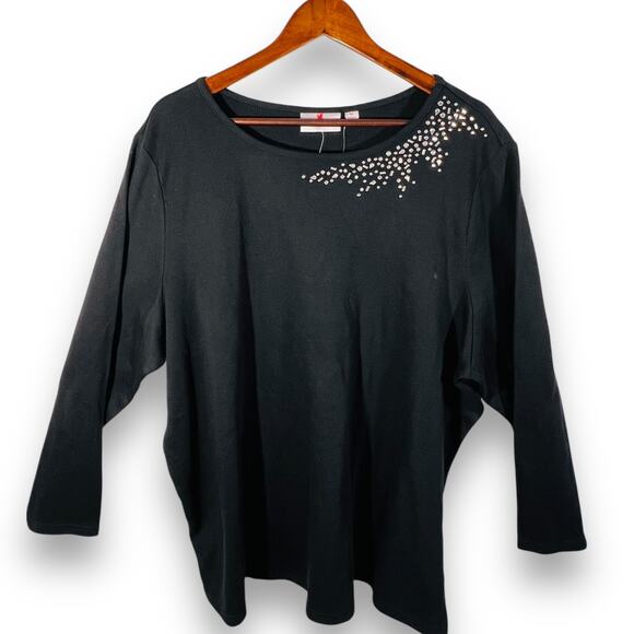 Quacker Factory T-Shirt Top Black Rhinestone 3/4 Sleeve Womens 3X Round Neck NWT - Picture 3 of 8
